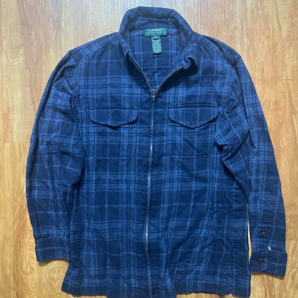 Lauren Ralph Lauren Plaid Zip Shirt Jacket Size P/S Blue Cotton Flannel